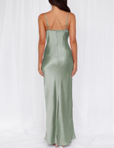 Image of Formal Satin Silk Spaghetti Strap Maxi Dresses for Women Wedding Guest