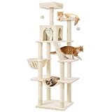 MSmask Grand arbre à chat stable en L avec niches pour chats, plates formes, hamac, colonnes en sisal, arbre d'escalade à plusieurs étages (beige, 170 cm)