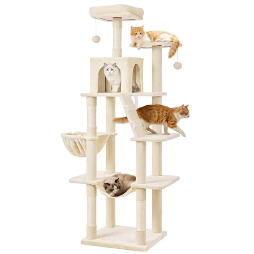 MSmask - Arbre à chat - Grand - Arbre à griffer stable pour chats - Avec niches pour chats, plateformes, hamac, colonnes de sisal - Arbre d'escalade multi-étages - Beige, 170 cm