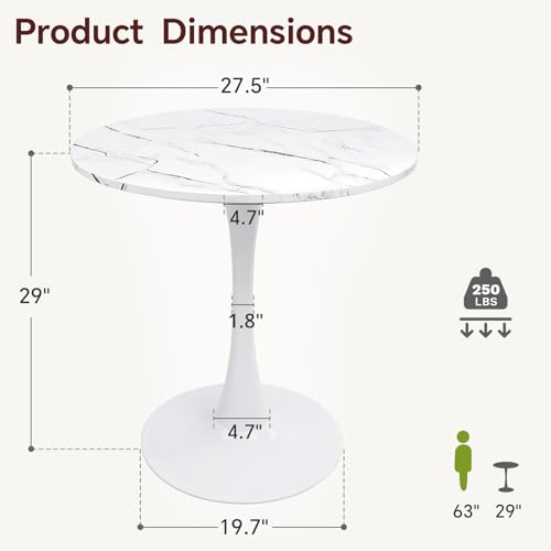 Image of Round Dining Table 27.5 inch Faux Marble White Tulip Table with Pedestal Base for 2-4 People Small Space - Kitchen Living Room Cafe