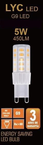 LYC LED G9 5w, 6500K luz blanca fría, Bajo consumo, No parpadea