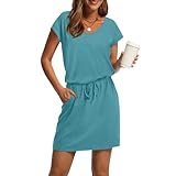 Mini Dresses for Women Summer Short Sleeve V Neck Tshirt Dress Tie Waist Casual Dresses Fashion A Line White Dress Loose Fit Cinched Waist Sundress with Pockets Elegant Women-Dress