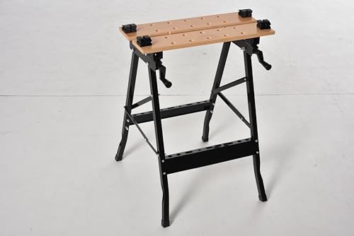 HOMCOM Banco da Lavoro Pieghevole con 4 Morse, Tavolo da Lavoro Portatile e Regolabile con Riga e Goniometro, per Casa e Fai da Te, Portata 150 kg, Nero e Legno