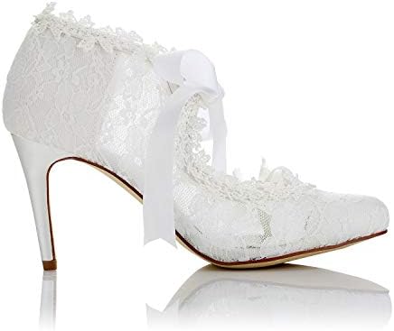 JIAJIA 16798 Women's Bridal Shoes Closed Toe High Heel Lace Satin Pumps Pearl Bowknot Ribbon Tie Wedding Shoes Color Ivory,Size 5.5 B(M) US/36 EU | Image 4