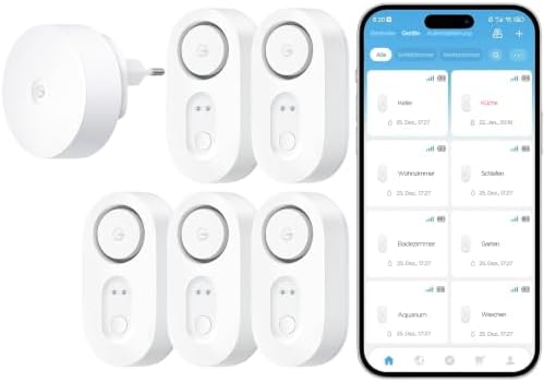 GoveeLife Upgrade Smarter Wassermelder 1s mit Hub, 5 Wassersensoren | 550 m Ultra-Reichweite, WLAN-Wassersensor mit Hoch Alarm, E-Mail/App-Push, 5 J. Batterielaufz., IP67, für Kell