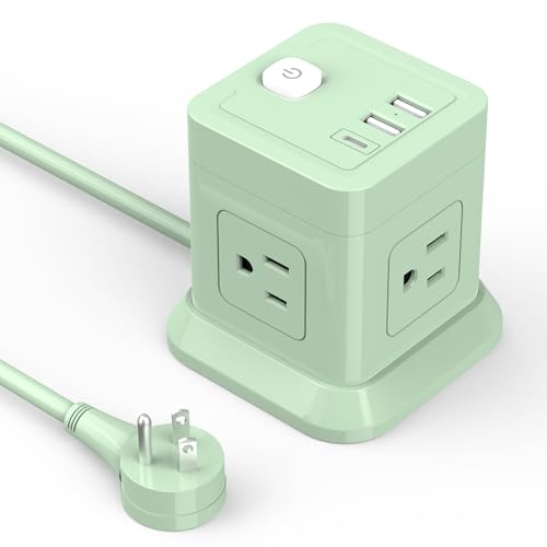 Cube Power Strip FDTEK 4 Widely Spaced Outlet with 3 USB (1 USB C) Flat Plug Power Strips with Long Extension Cords Space Save Compact Portable for Travel Home Office Cruise (Green)