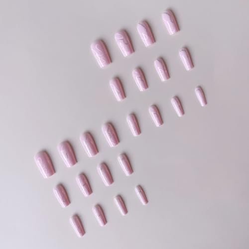Image of Lrregular Lines Press on Nails Pink Fake Nails Medium Square False Nail Press ons with Design Glossy Full Cover Stick on Nail for Women Manicure 24Pcs