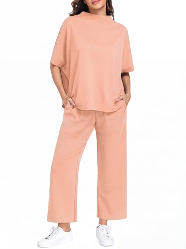 PrinStory Womens Lounge Set Summer 2 Piece Outfits Pullover Top and Wide Leg Pants Matching Sets 2026 Light Pink-S — view 5