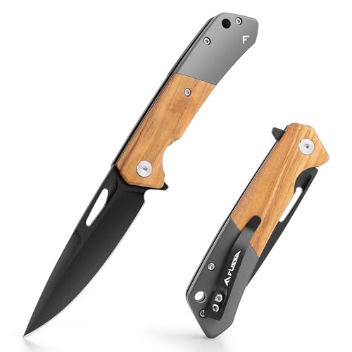 FLISSA Folding Pocket Knife, SANDVIK 14C28N Steel Blade Knife with Olive Wood-Steel Handle, Pocket Clip and Thumb Hole for EDC Camping Hiking Outdoor