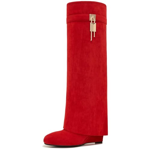 Image of Fold Over Boots for Women Pointy Pull-on Wedge Heel Knee Shark Boot With Side Zipper Padlock Design
