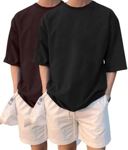 Image of LEOTUDE Half Sleeve Oversized Tshirt for Men, Round Neck Cottonblend Drop Shoulder Solid T-Shirt