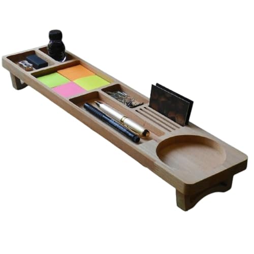 Image of Wooden Desk Organizer with Phone Stand, Multi-Compartment Stationery Holder, Natural Wood Finish (STYLE-3)