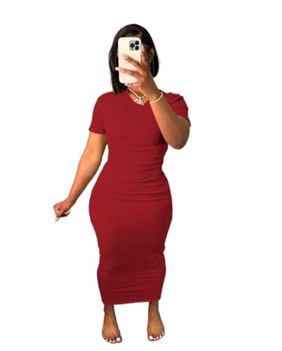 Image of Women's Casual Short Sleeve Dress T Shirt Bodycon Dresses Ribbed V Neck Maxi Sundress Basic Party Club Dress with Pocket
