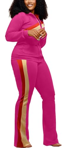 2 Piece Outfits for Women Long Sleeve Striped Zipup Jacket Wide Leg Long Pant Retro Tracksuit Sport Set Wine Red
