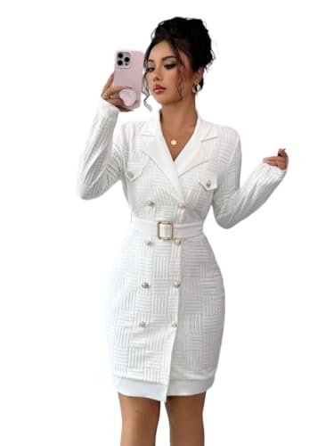 YiJIAP Women Knit Sweater Dress Shoulder Long Sleeve Double-Breasted Mandarin Collar Fashion Dress(Small) White