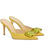 CarolieRossi Woman Heeled Mules Rhinestone Pointy Closed Toe Sandals Kitten High Heels Sandals Summer Slip on Mule Heels Bridal Dress Shoes Yellow Size 8