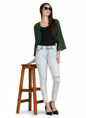 Image of AOL Women's Cropped Layered Lightweight Sheer Three-Fourth Bell Sleeves Georgette Open Neck Shrug Bolero