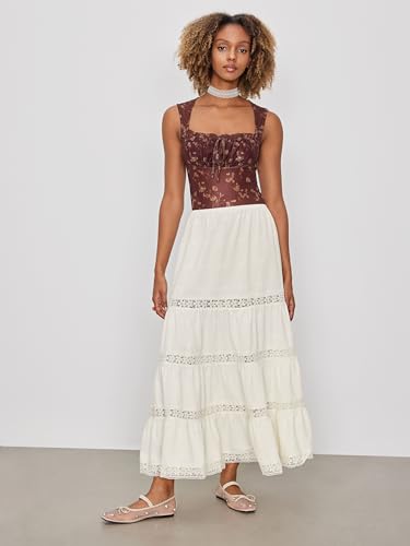 CIDER Santorini Beach Vacation Woven Mid Rise Floral Ruffle Hem Tiered Maxi Skirt3