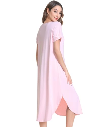 Image of NACHILA Nightgowns for Women-Viscose Made from Bamboo,Short Sleeve Nightshirts Satin V Neck Sleep Dress Loose Sleepwear