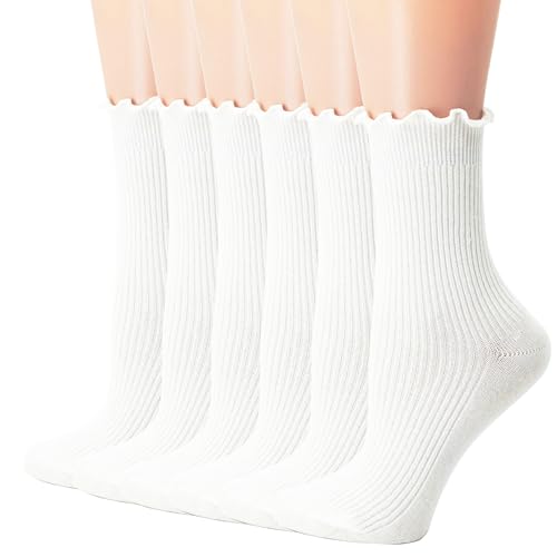 Image of Women's Trim Ruffle Frilly Turn Cuff Socks - Cute Vintage Dress Crew Ankle Boot Socks
