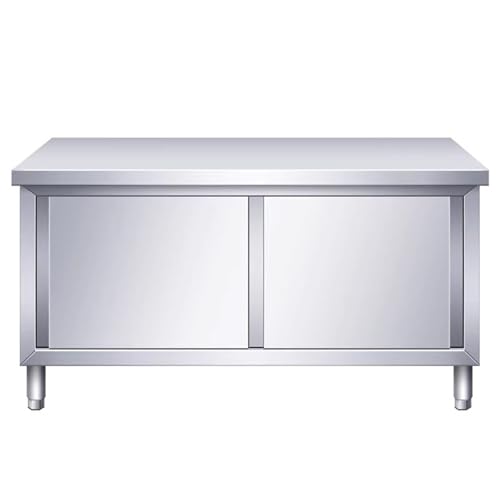 Mesa de cocina comercial de acero inoxidable con puertas dobles, mesa de trabajo grande de metal y estación de cortar, armario de encimera, 100 x 50 x 80 cm