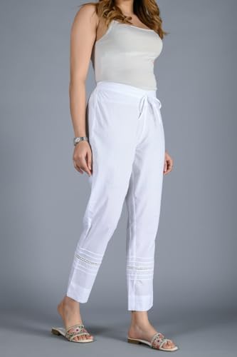 Women's Cotton White Regular Fit High Rise Palazzo Pants with Lace Detail, Drawstring Waist, Ankle Length3
