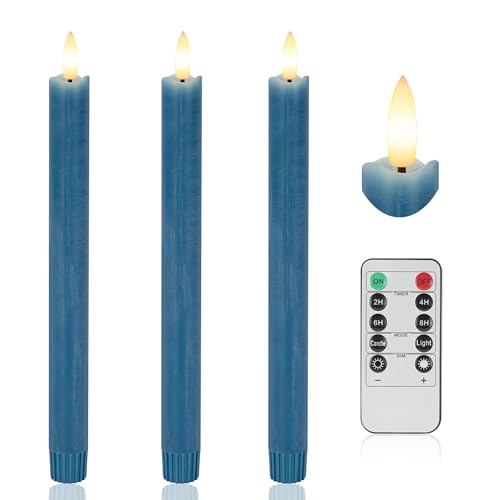 Image of Blue Flameless Taper Candles with Rmote, 9.6 inch Real Wax Battery Operated Candles with 3D Wick, 3 Pack Led Candlesticks Flickering, Electric Candlesticks for Home, Wedding, Party Decor