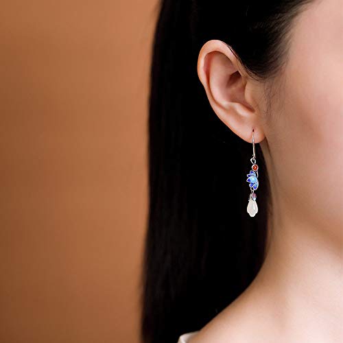 Boucles d'oreilles Jade Blanc Hetian fleur magnolia argent S925 femme vintage - 5