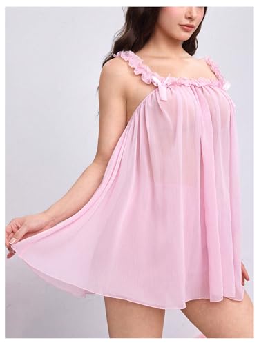 Image of MakeMeChic Women's 2 Piece Lingerie Mesh Cute Valentine Pajama Set Ruffle Bow See Through Vintage Nightgown Sleepwear