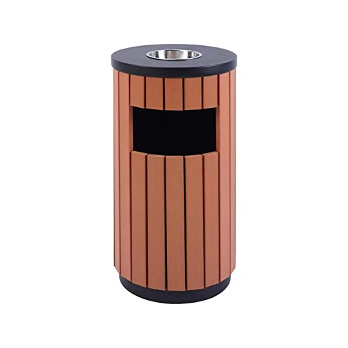 LSHTAR Poubelle d'Extérieur en Acier à Rayures en Bois de Café avec Cendrier, Ronde sur Pied pour Jardin et Recyclage