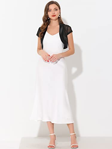 Image of Allegra K Women's Satin Shrug Bolero Cap Sleeve Crop Cardigan | Cap sleeves with cropped length. Open front design. Suitable for wedding, party.