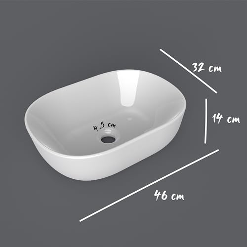 MUEBLES PITARCH - Abgerundetes rechteckiges Waschbecken, weiße Keramik, 14 x 46 x 32 cm, Waschbecken auf Arbeitsplatte, für Badezimmer