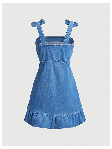 SweatyRocks Girl's Sleeveless Ruched Ruffle Hem Denim Dress Bow Cute A Line Summer Dress2