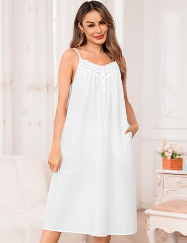 SWOMOG 100% Cotton Nightgowns for Women Lace Nightgown Sleeveless Sleep Dress Victorian Sleepshirt Button Strap Gown2