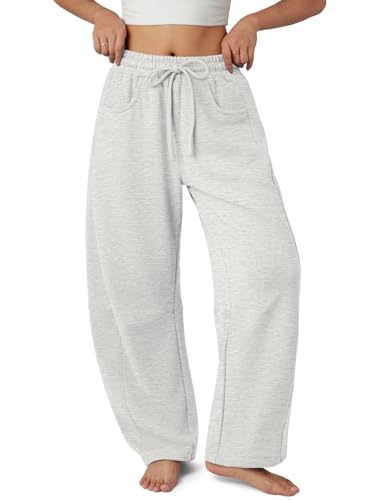 ATHMILE Barrel Sweatpants Women Fall Fashion Wide Leg Pants Baggy Lounge Comfy Flowy Casual Cotton Sweat Pants with Pockets Heather White