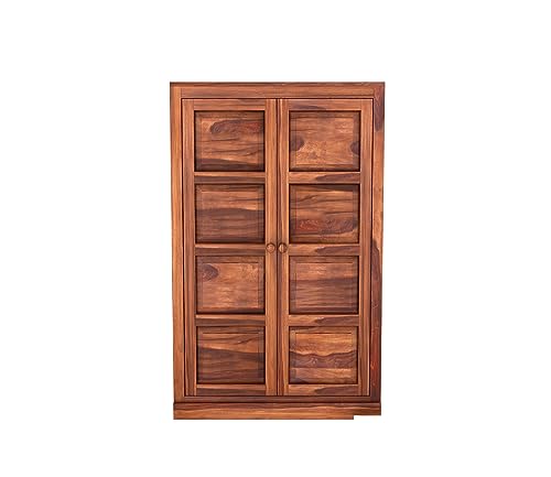 Image of Sheesham Wood Wooden 2 Door Wardrobe Organizer for Clothes | - Solid Wood Almirah with 2 Shelves - with Hanging Space Cupboard for Large Bedroom (Design 24)