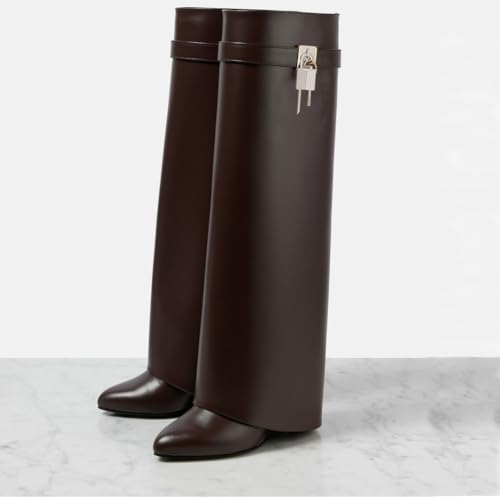 Image of keleimusi Fold Over Wedge Boots Heeled PadLock Pant Knee High Shoes Tall /Short Booties