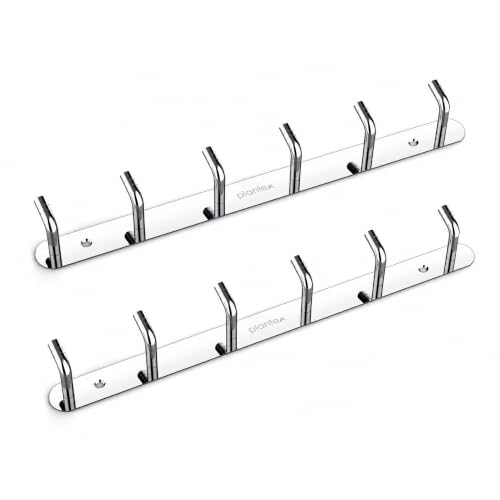 Image of Plantex Wall Hooks for Hanging Cloth /Stainless Steel Towel Hangers /Bathroom Robe Hooks /Door Hangers /Wall Hook Rack /Hook Rail for Hanging Keys - 6 Hooks (Pack of 2, Chrome)