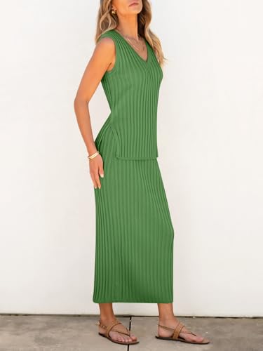Image of Women's 2 Piece Outfits Summer Sweater Skirt Sets Casual Sleeveless V Neck Ribbed Vest Knit Tops Midi Dress