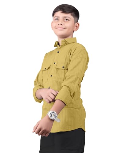 Image of ZilconKid Boy's Cotton Hawaiian Plain Double Pocket Shirt with Spread Collar Neck Full Sleeves Button Closure Curved Length | Shirt for Kids Boys
