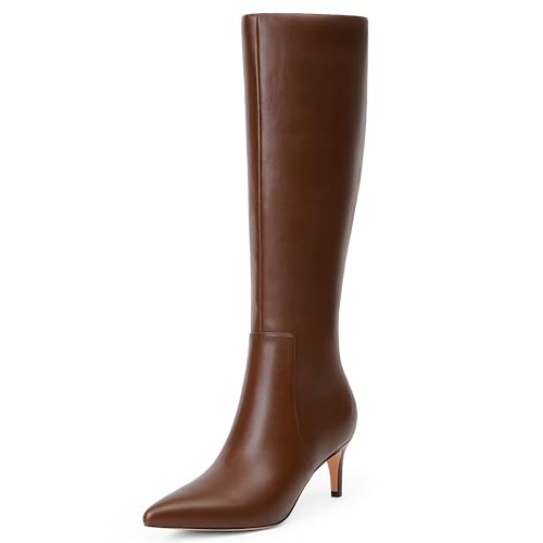 QIY Brown Knee High Boots Women Tall Boots Fall 2025 Kitten Heels Knee High Heeled Boots Women Brown Tall Boots Size 7.5