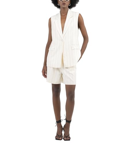 Womens Vest Linen Beige Peak Lapel Button Front Flap Pocket Single Breast Stripe for Women