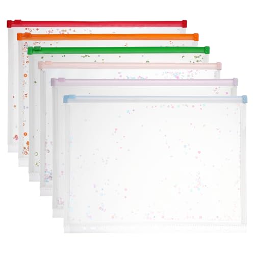 PATIKIL 6Pcs A4 Plastic Binder Zipper, Binder Pockets 12 x 9 Clear Envelope Folders Planner Waterproof Pouch Filing with Sequin Decor for Document Notebook Card Organizer, 6 Colors