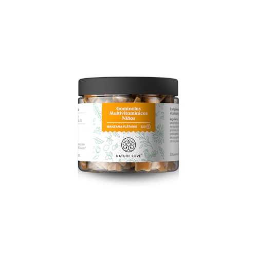 Gominolas Multivitamínicas Niños NATURE LOVE® – 120uds – sin azúcar añadido – Vitamina A, B1, B3, B6, B7 (biotina), B12, E, yodo – Vitaminas como gominolas para niños - vegano y probado en laboratorio