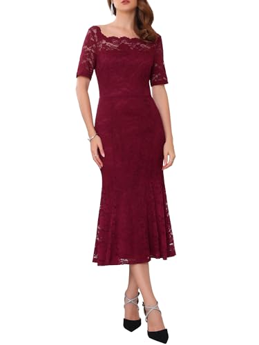 WOMLAYOUT Robe de Cocktail Femme à Épaules Dénudées, Manches Courtes en Dentelle, Style Sirène Robe Maxi pour Invité de Mariage Bourgogne XL