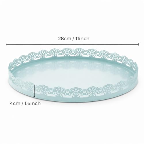 Image of Gold Finish Decorative Metal Tray | Multipurpose Serving & Vanity Tray | Premium Cutwork Design | Home Decor Organizer | 28 x 4 cm (Mint Green)