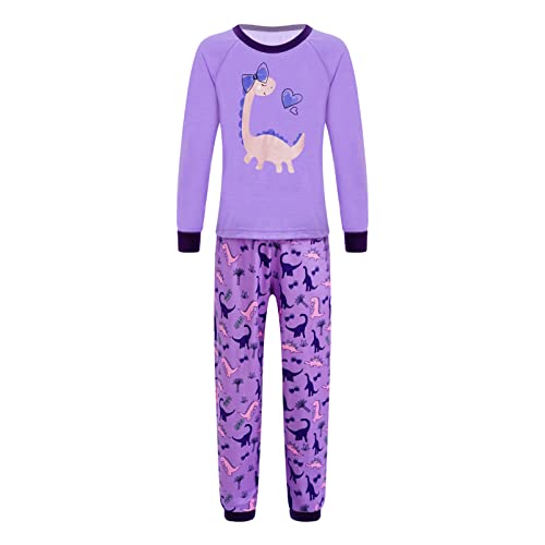 Alvivi Mädchen Schlafanzug Einhon Druck Nachtwäsche Kinder Pyjama Set Zweiteiliger Schlafanzüge Lange Ärmel Bekleidung Herbst und Winter C Lila Dinosaurier 158-164 Cover