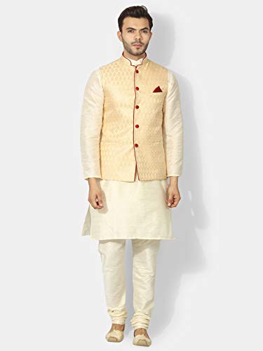 Image of Uri and MacKenzie Silk Men's Cream Kurta Matching Pyjama Chudidar With Golden Ethnic Nehru Jacket (42)
