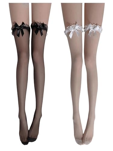 Image of BEAUDRM Women's 2 Pairs Sheer Thigh High Stockings Lace Trim Bow Over the Knee Tights Black and White One-Size