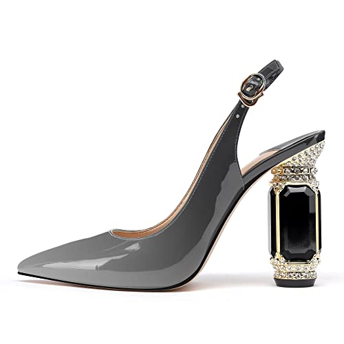 Image of JANSEVEN Women Chunky Heels Pumps Crystal Block Heels with Rhinestones Pointed Toe Sexy Gradient Patent Leather Slip on Bridal Party Wedding Dress Shoes 5-13 M US